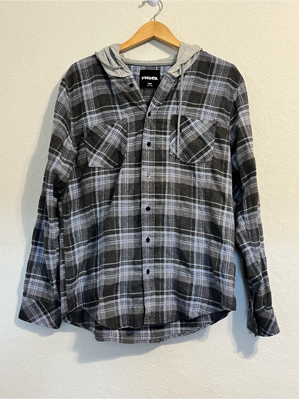 RSQ Hooded Plaid Flannel Shirt Gray Black Button Front Cotton Blend Women Large